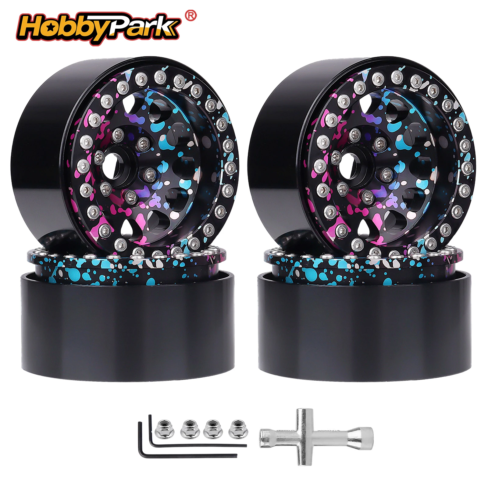 

HobbyPark Graffiti Splash Anodized 1.9 Beadlock Wheels -10mm Negative Offset Deep Dish for 1/10 RC Crawler ScX10 II TRX4 VS4-10