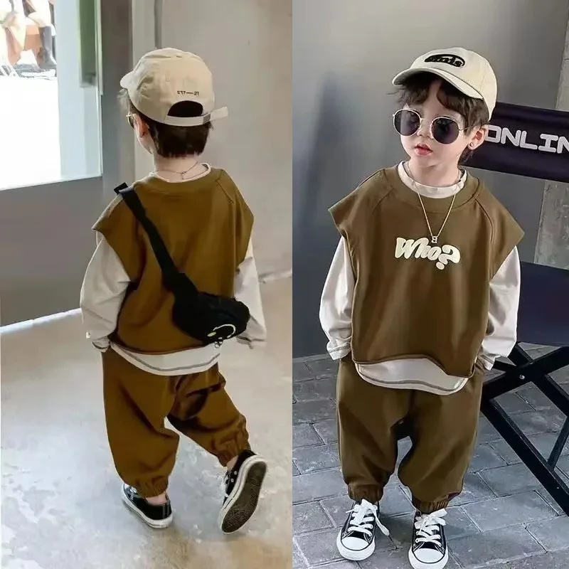 

Boy Casual Sets Outfit Autumn Baby Kid Clothes Suit Children Sports Waistcoat +T-Shirt and Pants 3pcs Outfits Cotton Tracksuit
