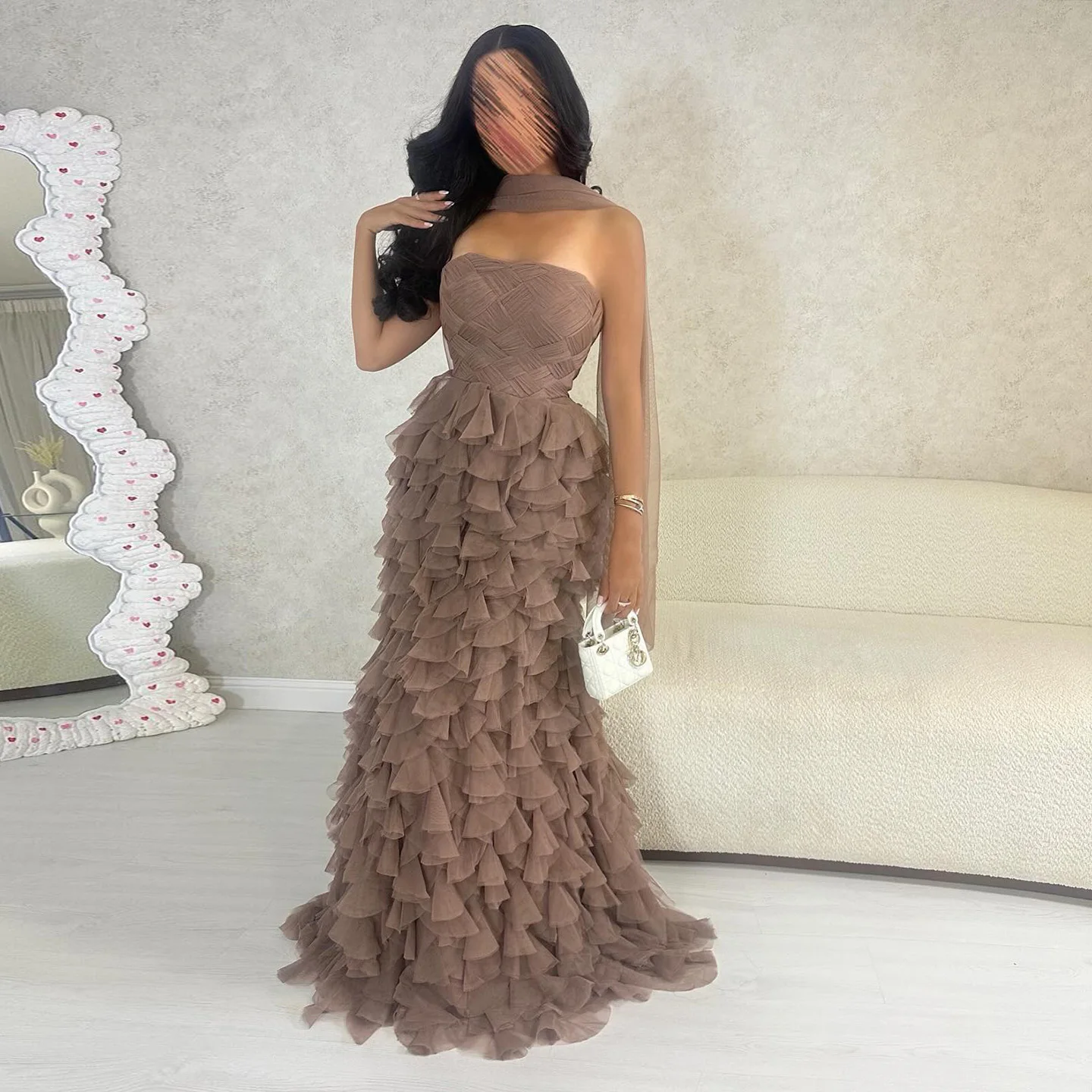 

Sharon Said Dubai Light Brown Strapless Evening Dresses Elegant Navy Blue Ruffles for Women Wedding Formal Gown SF233 Customized