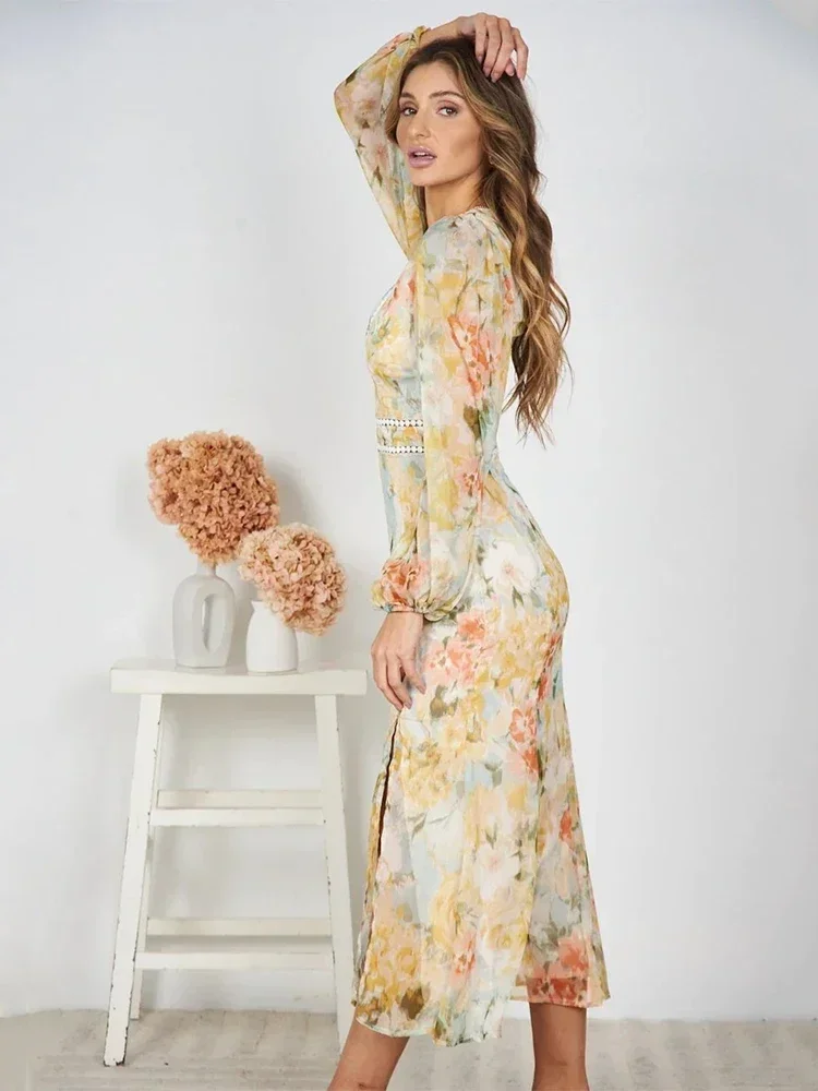 Chicheca Hollow Out Lantern Sleeve Spring Women's Dress Printed Floral Midi Summer Dress 2024 V Neck Boho Yellow Sundress Party