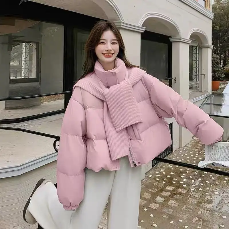 

Winter Knitted Scarf Stand Collar Down Jacket Female Zipper Solid Warm Outwears Women White Duck Down Casual Parker Down Jacket