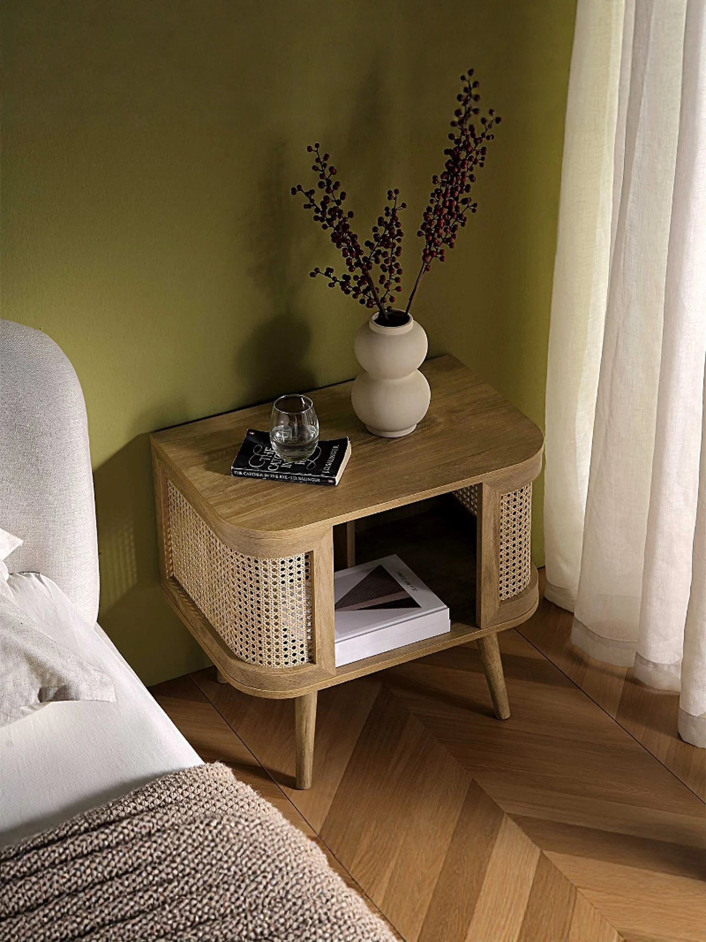 Medieval solid wood rattan bedside table, bedroom bedside table, retro home locker, storage drawer cabinet, small side table