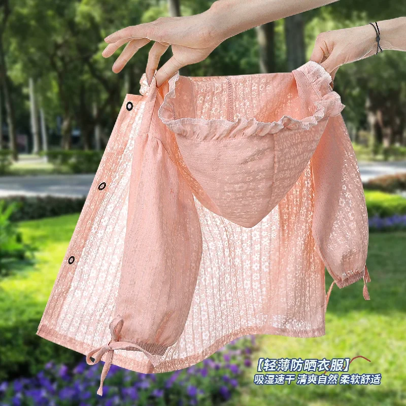 

2025 Girls Lace Sunscreen Coats Clothes 2025 Summer New Children's Breathable Thin Hooded Outerwear Kids Air Conditioner Shirt