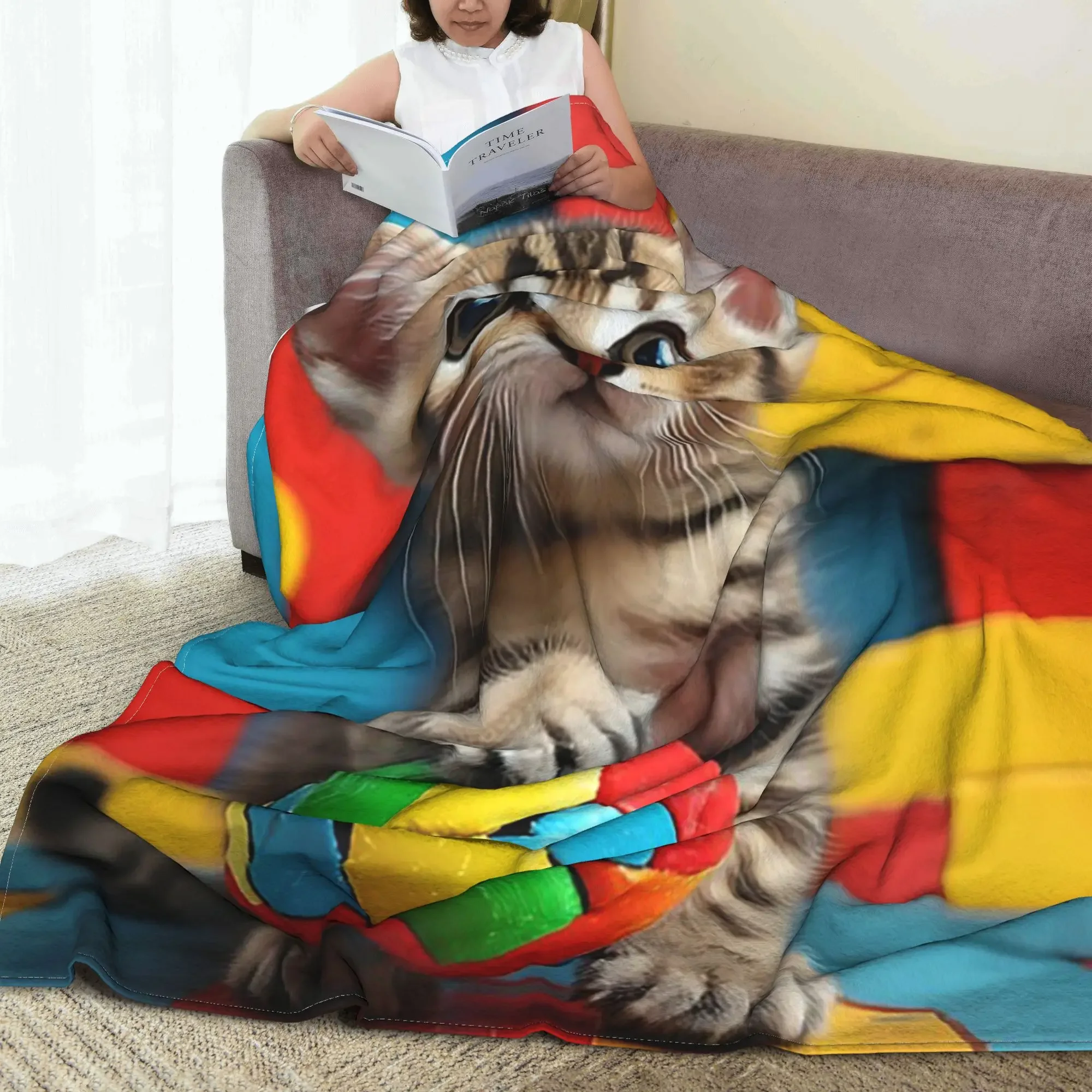 Soccer kitty, small cat with soccer ball on a colorful background standing out Blanket Flannel Throw Blanket for Home Bedroom