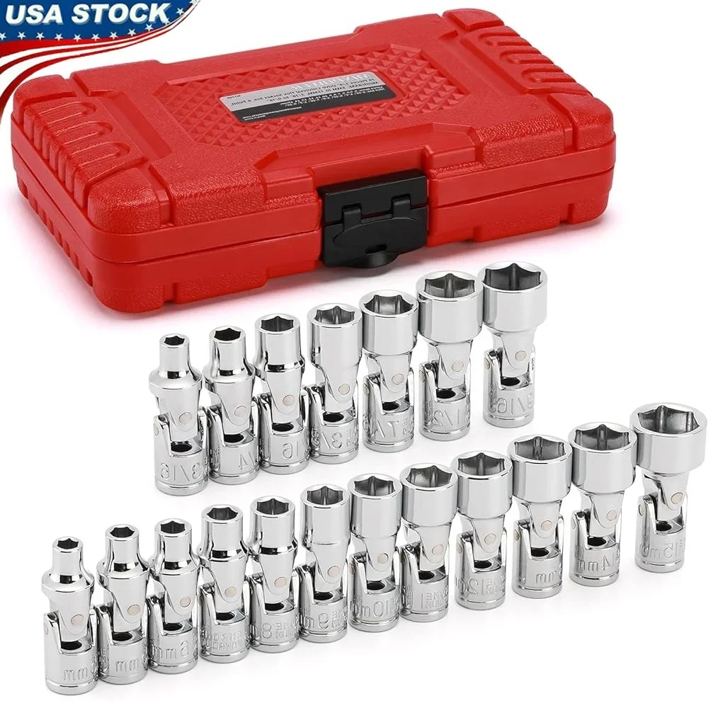 

19-Piece 1/4in Drive Universal Joint Socket Set Metric SAE 6 Point Chrome Vanadium Flexible Wobble Tool Kit Engine Repair