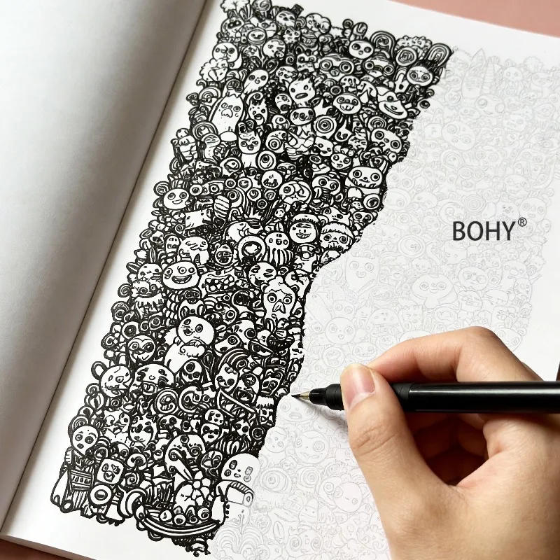 1 Large-sized Dense Line Drawing Graffiti and Coloring Book, 30 Pages, Calming Hand Drawn Healing, Imagination Stimulation