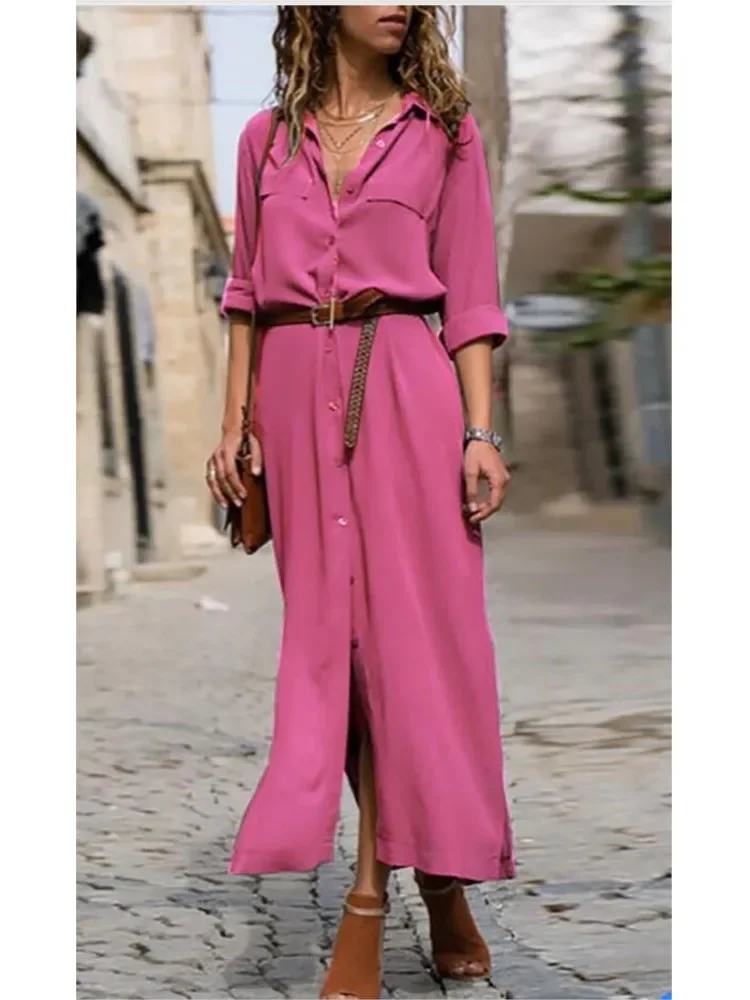 الربيع الصيف التلبيب بأكمام طويلة واحدة الصدر الشق منتصف طول فستان المرأة حزام الموضة بلون فضفاض فساتين قميص الإناث