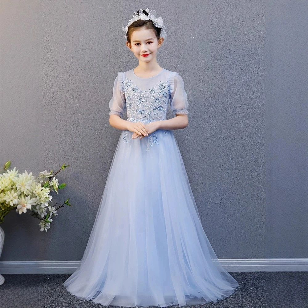 

Элегантное длинное платье Fairy Blue для девочек, для выступлений на гучжэне и фортепиано, праздничное платье для девочек, костюм принцессы