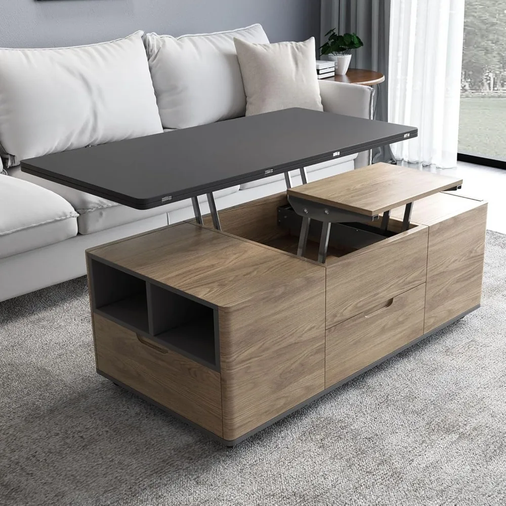Lift Top Coffee Table with Storage and 4 Stools,Large Expandable Convertible Center Table with Wheels,Multifunction Smart Coffee #5
