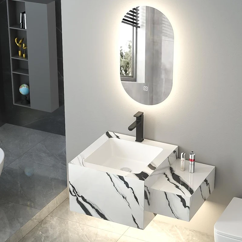 

jl-Modern Wall-Mounted Stone Bathroom Vanity with LED Smart Mirror Water Resistant Hotel Use&