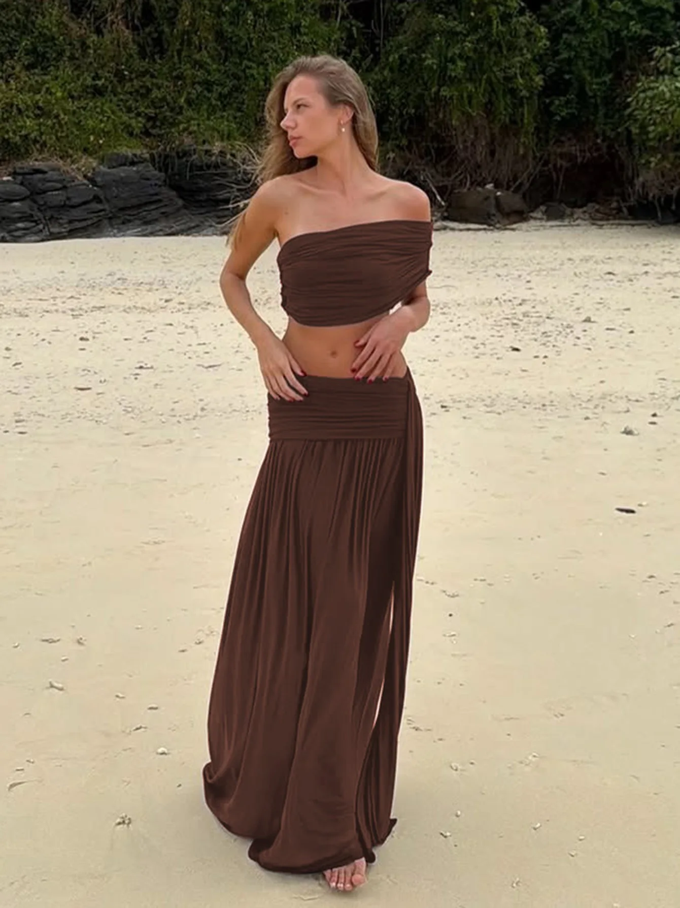 

Women's Summer Diagonal Collar Ruched Solid Long Maxi Dress Matching Sets 2026 Sexy Corset Top+Skirt Suits Vacation Party Outfit