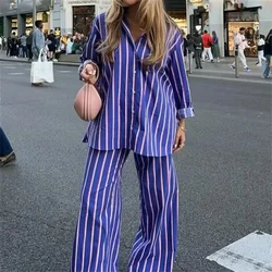 UNIZERA 2024 Autumn New Product Women's Casual Striped Loose Long Sleeve Collar Shirt High Waist Straight Pants Set