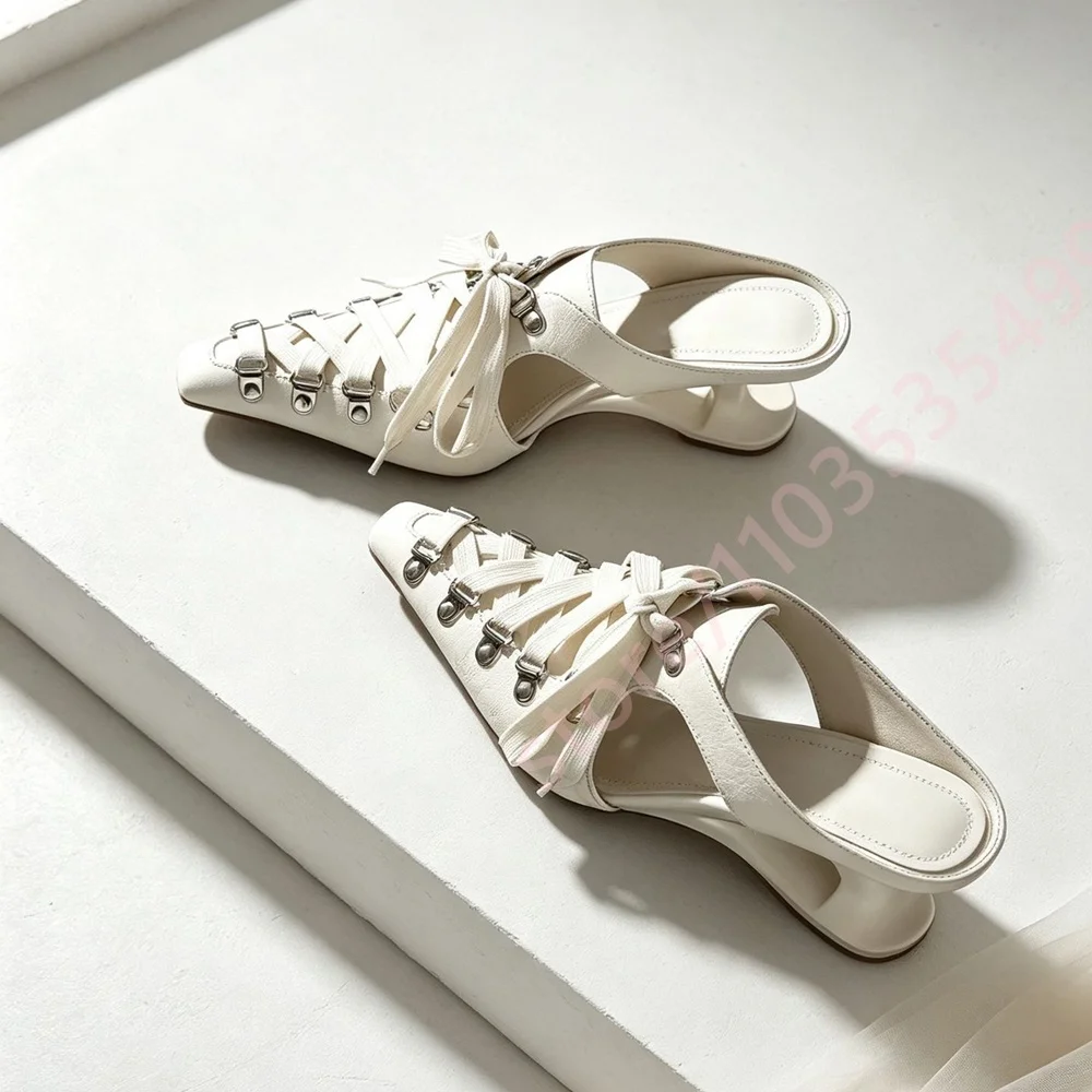Women Patent Leather Mules Square Toe Lace‑Up Metal Eyelet Special‑Shaped Low Heel Backless Slip‑On Fashion Party Dress Shoes