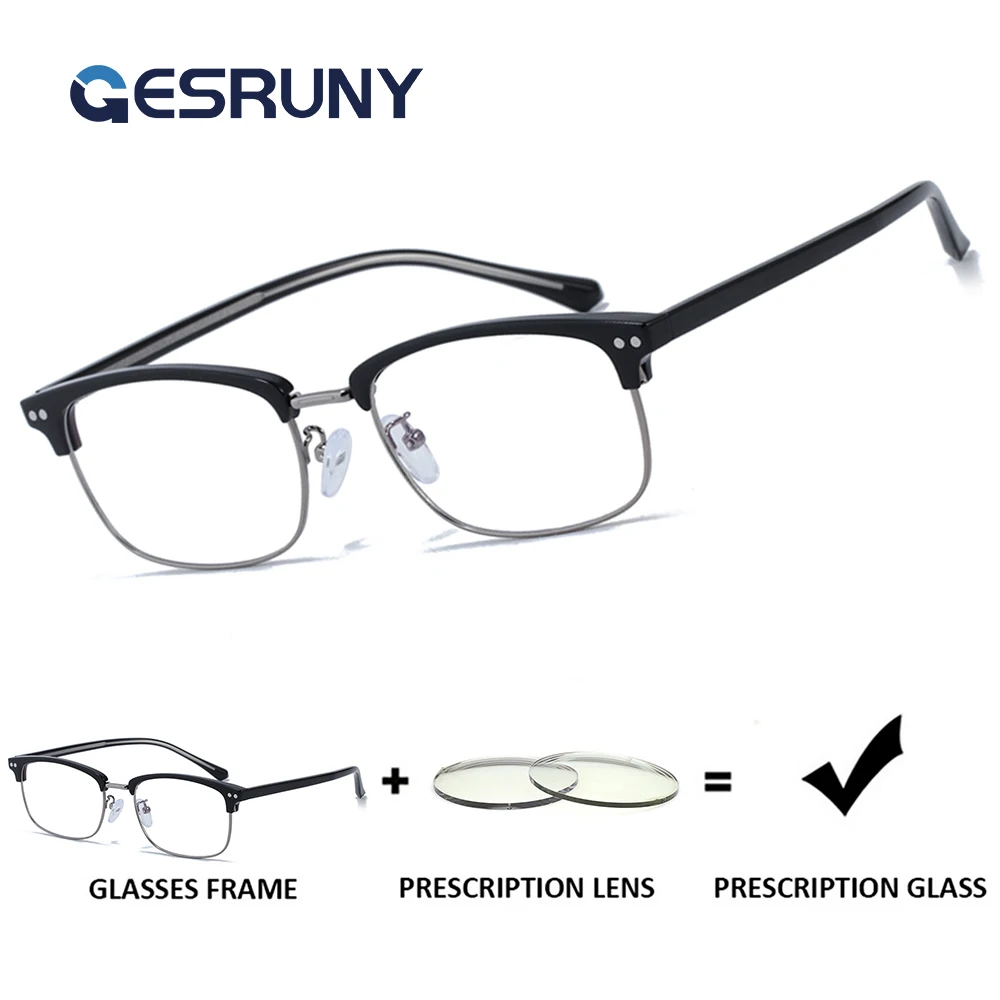 

Gesruny Square Semi Rim Frame Glasses Customizable Prescription Photochromic Myopia Glasses Blue Light Reading Glasses Men