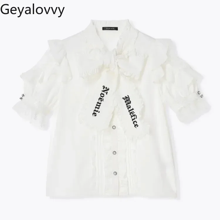 Japanese Lolita Mine Gothic Ruffle Edge Off-shoulder Bow Strap Sweet Short-sleeved Top Versatile Stand-up Neck Embroidered Shirt