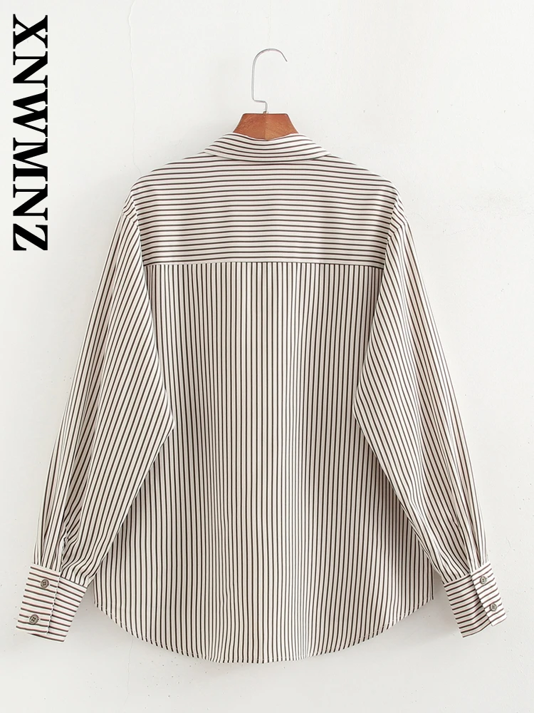 XNWMNZ 2024 Autumn New Woman's Casual Long Sleeve Shirt Coat Chic Woman Turn-down Collar Top Ruffles Regular Fit Print Striped