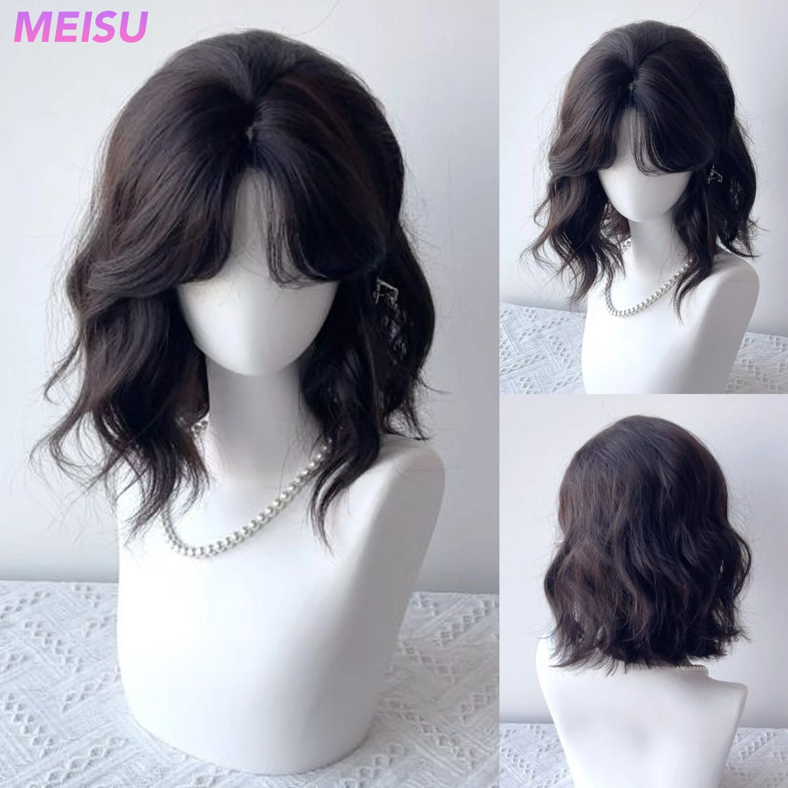 MEISU 12 Inch Short Black And Brown Optiona Synthetic Wave Curly Wig Layered Wigs Fiber Heat-resistant Party or Selfie For Women