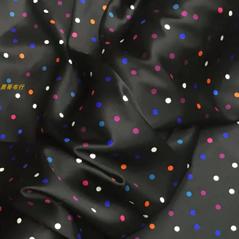 20 Momme Stretch Silk Polka Dot Fabric Black Background with Colored Dot Silky Cool Summer Silk Skirt and Top Clothing Fabric