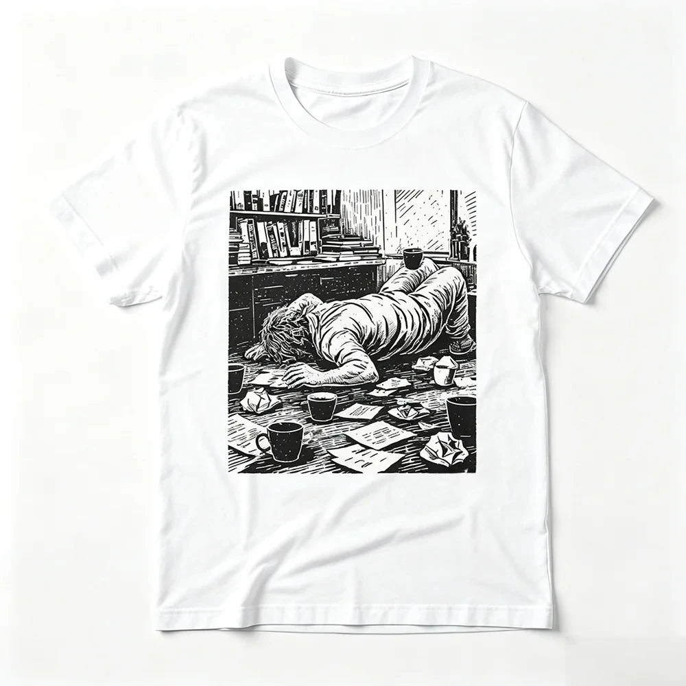 Unisex T‑Shirt Vintage Woodcut Exhausted Writer Coffee Book Print Retro Street Outdoor Casual Short Sleeve Top