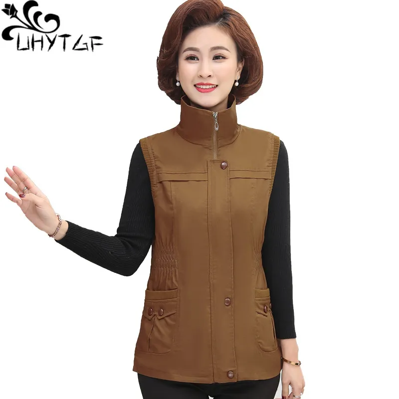 UHYTGF Spring Autumn Vest Jacket Women Fashion Zipper Cotton Sleeveless Female Coat Casual Comfortable Large Size Waistcoat 1950