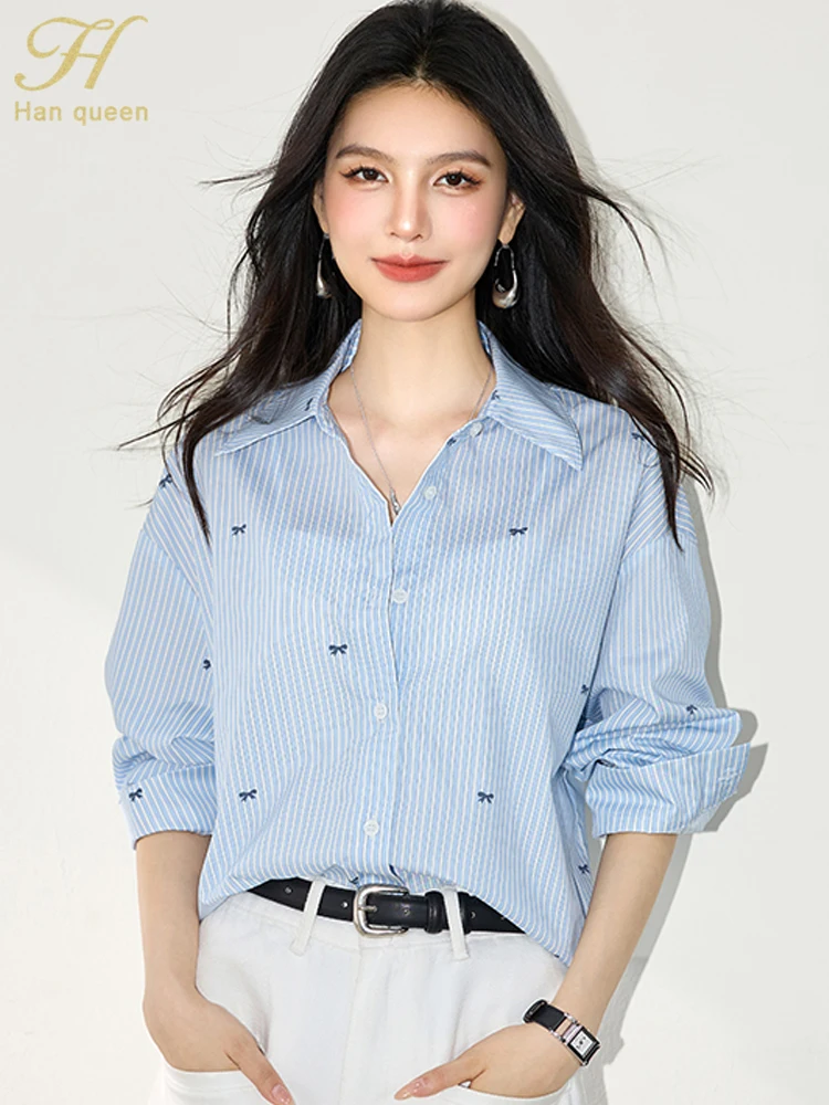 

H Han Queen Autumn Simple Basic Loose Elegant Stripes Vintage Simple Chiffon Blouse Women Long Sleeve Casual Tops Woman Clothing