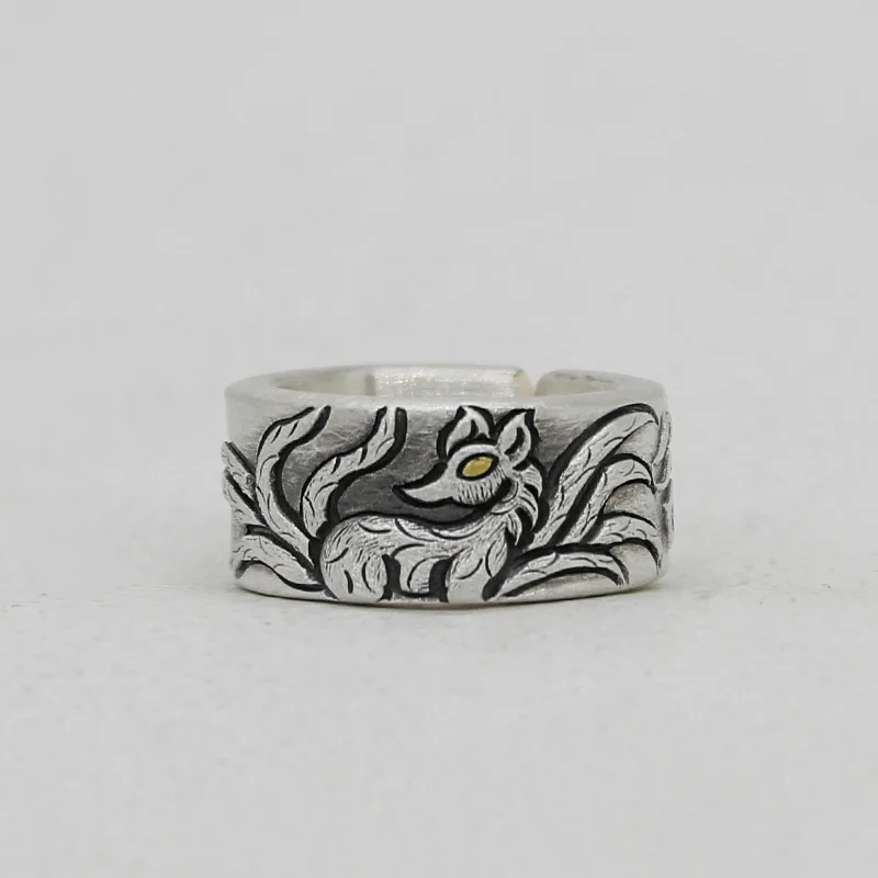 VENTFILLE 925 Sterling Silve Fox Animal Broad Ring for Women Girl Party Gift Retro Adjustable Punk Jewelry Dropshipping