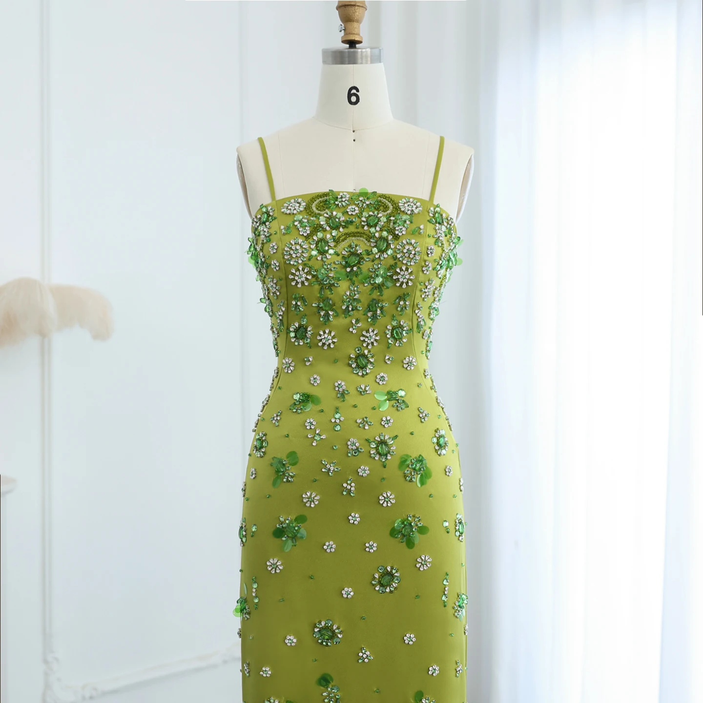Sharon Said-Robe de soirée verte courte avec perles florales 3D, bretelles spaghetti, gaine de luxe, fête de mariage, quel que soit SSram personnalisé