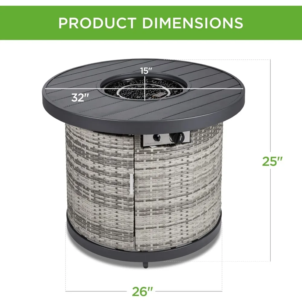 Mesa redonda para fogones de gas de 32 pulgadas, hoguera de propano para patio de mimbre para exteriores de 50.000 BTU con tapa de mesa de madera sintética, cuentas de vidrio, cubierta