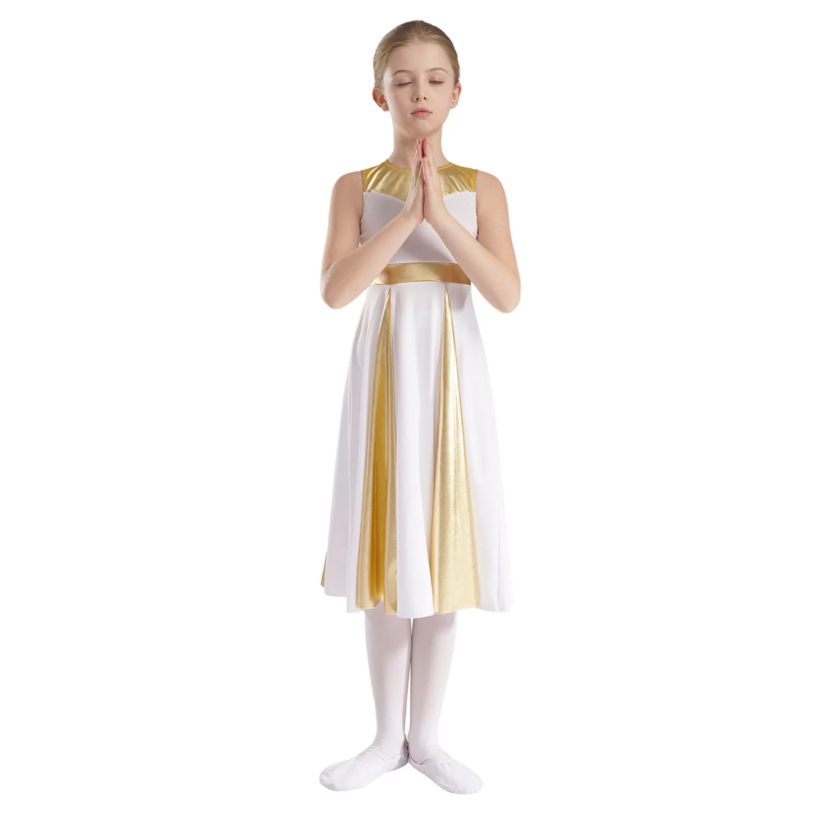 Children Girls Lyrical Dance Church Choir Praise Liturgical Worship Performance Costume Sleeveless Metallic Color Block Dress