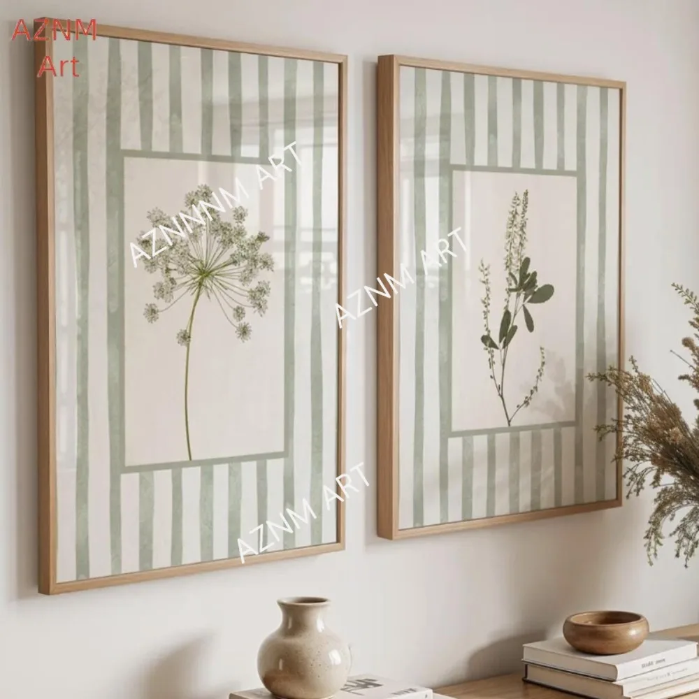 

1/2 шт. шалфейно-зеленые цветочные настенные художественные принты с рамкой: ботанический декор в стиле коттеджа, настенная живопись на холсте