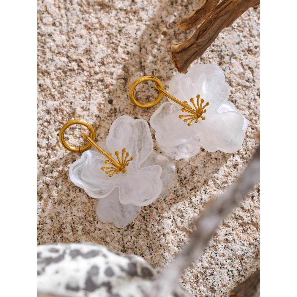 Yhpup Arrivals White Resin Flower Dangle Earrings for Women Stainless Steel Summer Popular Jewelry Recommend 2025
