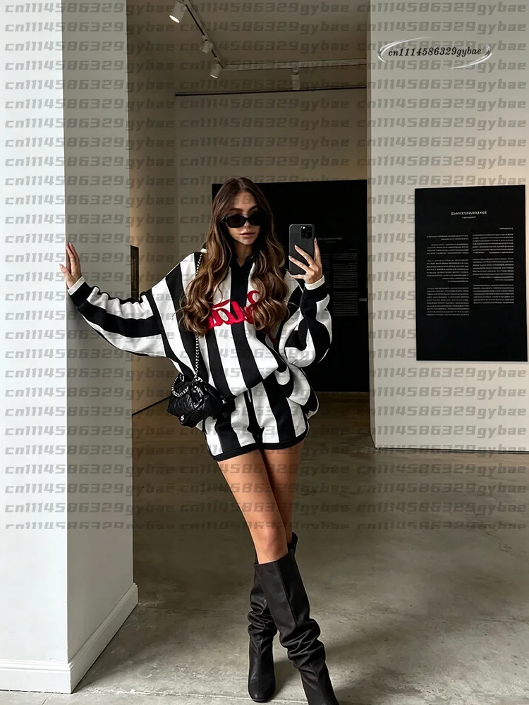 Women Striped Letter Jacquard Knit Set V Neck Loose Knit Sweater Top Casual Shorts Street Matching Set Ladies Sweater Outfit