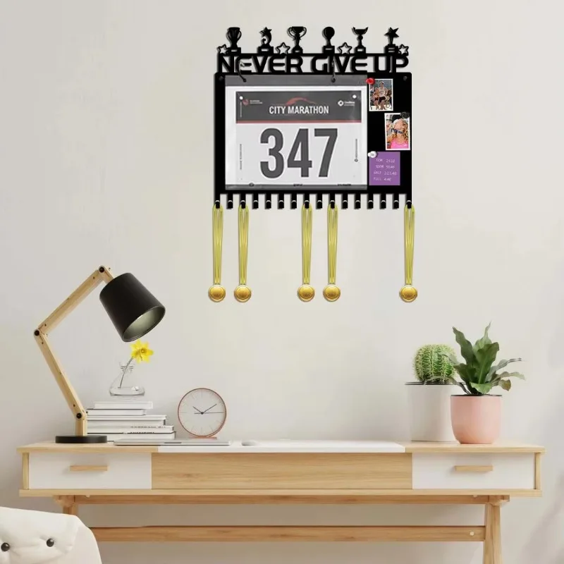 Medal Hanger Display with Writing Board, Iron Exhibition Rack for Race Medals Bibs, Wall Hooks Holder for Marathon Runners