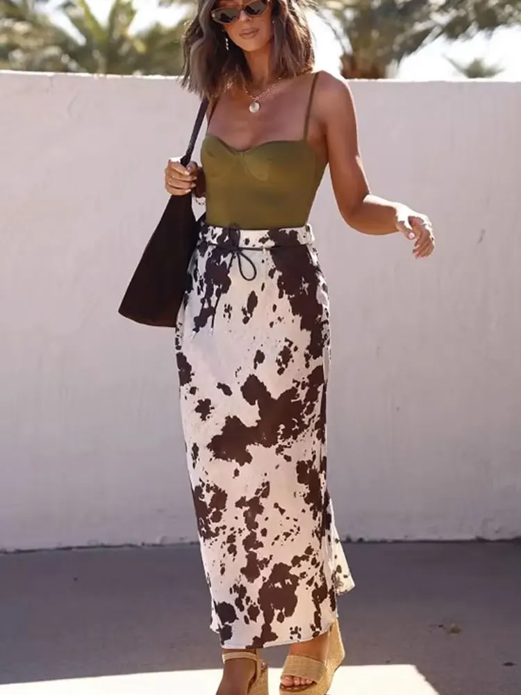 HH Abito da donna con stampa animalier alla moda primaverile da strada, maniche lunghe, risvolto, camicia monopetto + gonna a coda di pesce a vita alta legata