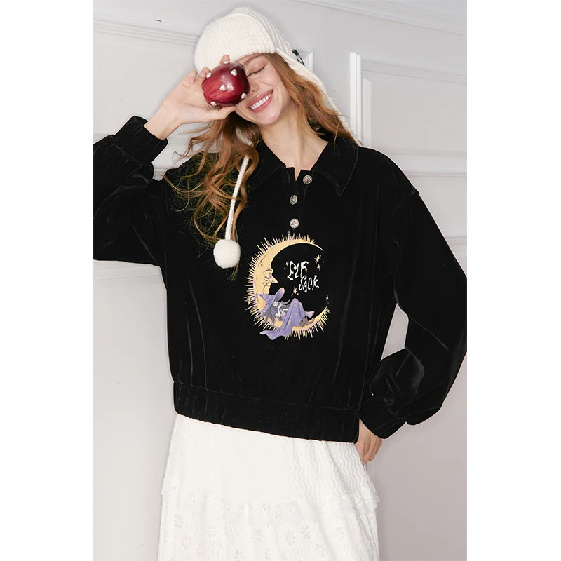 ELFSACK المرأة بولو طوق البلوز 2025 الشتاء المخملية اللمس الكرتون طباعة روز زر الحلو ريترو بلوزة كاجوال