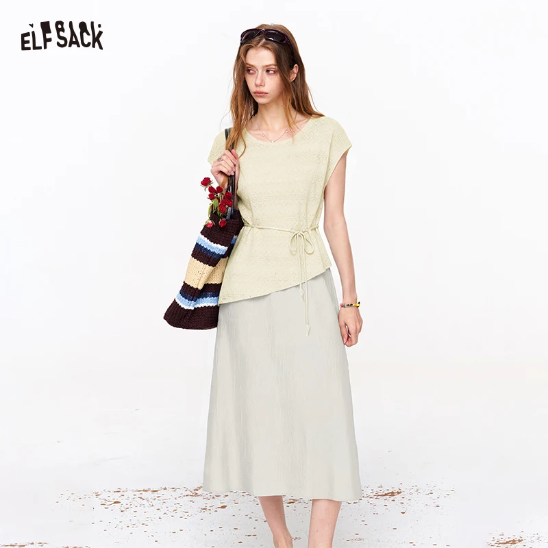

ELFSACK Women's Asymmetric Knit Top & Midi Skirt Set, Boat Neck Short Sleeve Layered Two-Piece Outfit, Casual Solid Color Summer