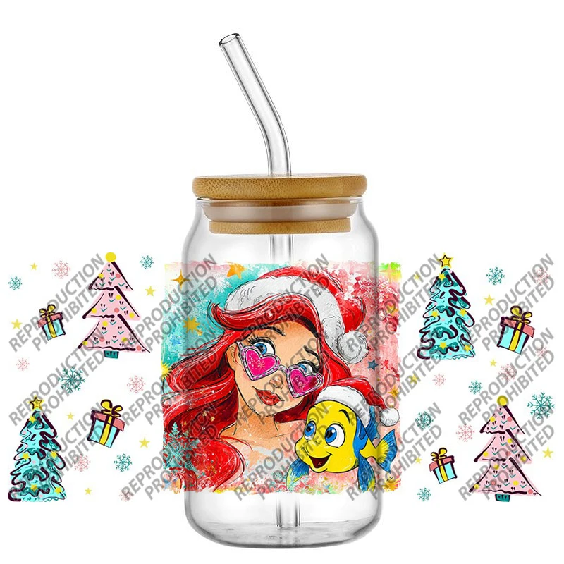 

New Disney Princess Collection Christmas Waterproof DIY Decals 3D Transfers Stickers 16oz UV DTF for Glasses cup Wraps