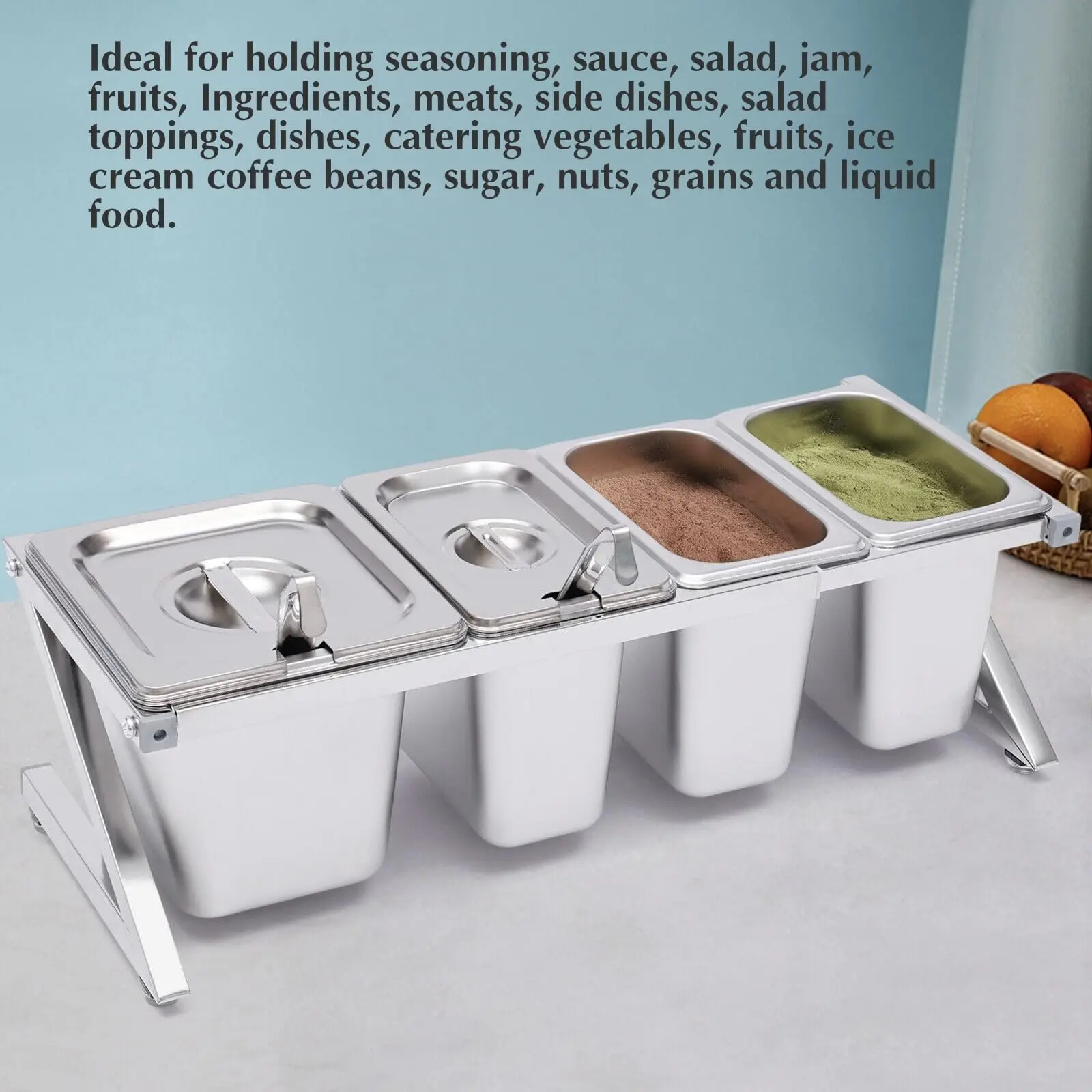 ピザトッピングステーション（4つのパンと蓋付き）、ステンレス製食品容器パン、調味料ディスペンサー、カウンタートップスパイスラックオーガナイザー
