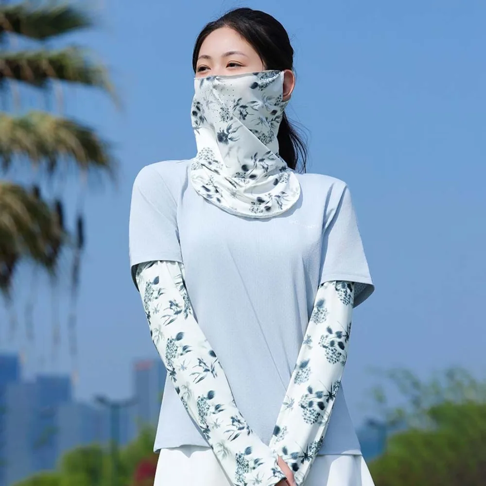 

3pcs Breathable Floral Ice Silk Mask Quick Drying Elastic Sunshade Arm Cover UPF50+ Neck Scarf Women Sunscreen Veil Fishing