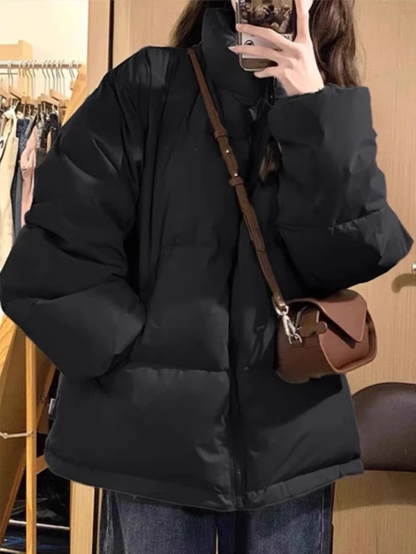 

Корейская утепленная хлопковая куртка-пуховик для женщин, свободного кроя, с воротником-стойкой, длинными рукавами, на молнии, однотонная, зимнее пальто