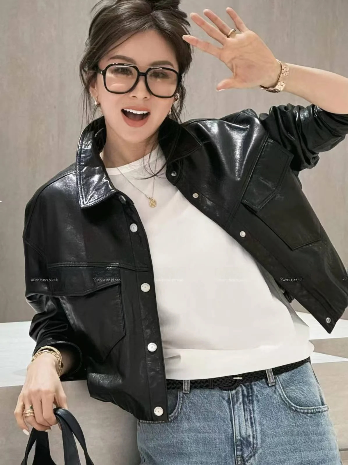 

2026 Spring New Sle Women's Motorcycle Jaet eepskin Leather Coat ort Length Long Sve Zipper Closure Casual Faion