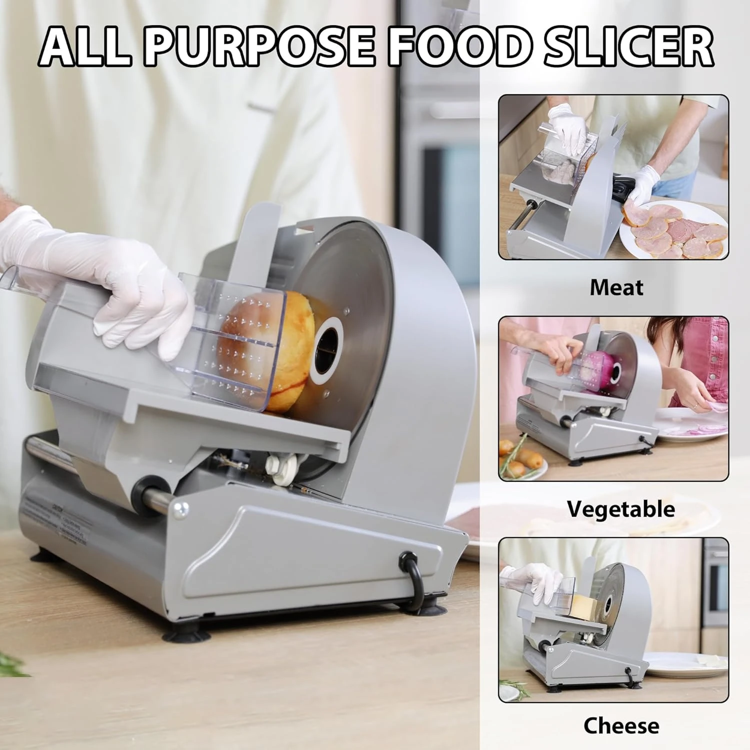 

7.5" Electric Food Slicer, Adjustable Thickness Design, Ideal for Meat, Bread, Cheese, Removable Blade Easy to Clean
