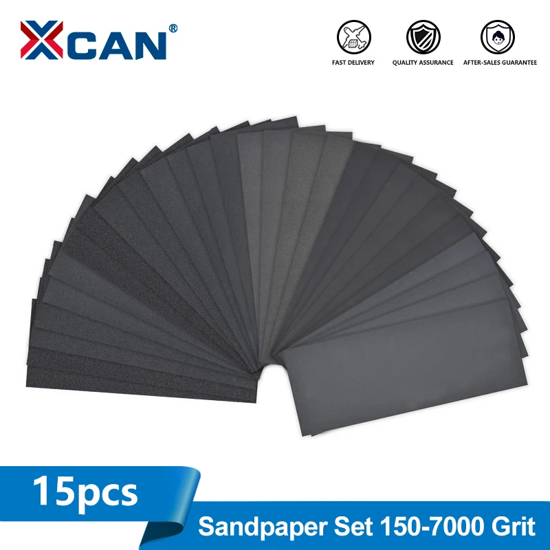 XCAN 15pcs Sandpaper Set Wet And Dry Sanding Paper 150-7000 Grit Abrasive Sheets for Automotive Wood Metal Polishing Sanding