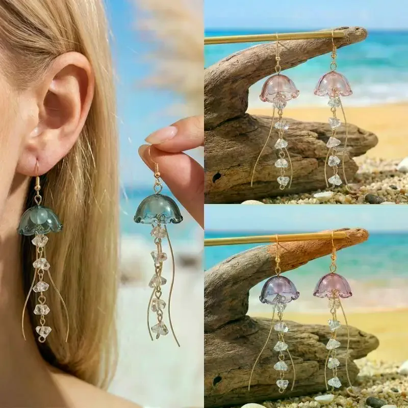 Colorful Jellyfish Drop Earrings For Women Ocean Animal Dangle Crystal Wavy Tentacle Summer Beach Jewelry Gift