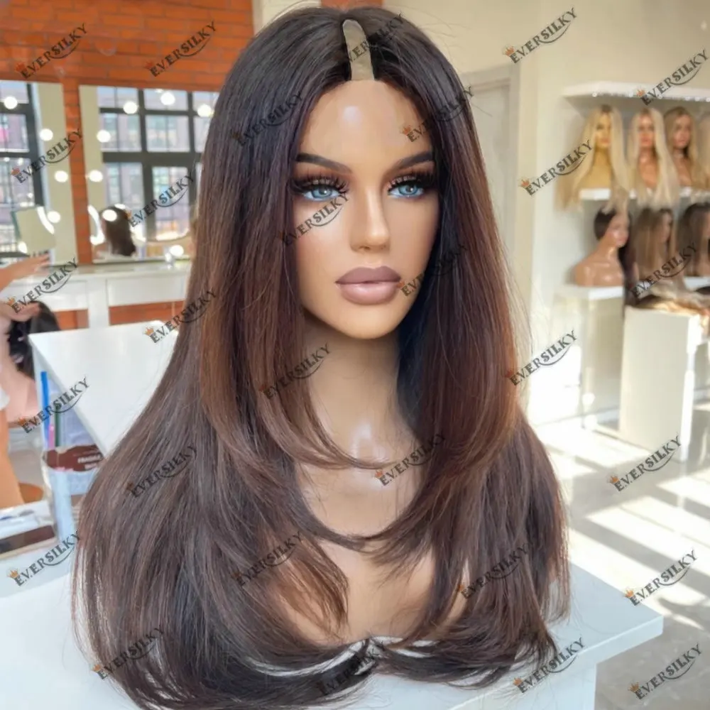 Natural Straight V Part Wig Human Hair for Women Easy Wear Highlight Chocolate Brown 1x4 Size U Shaped Wig Human Hair with Clips