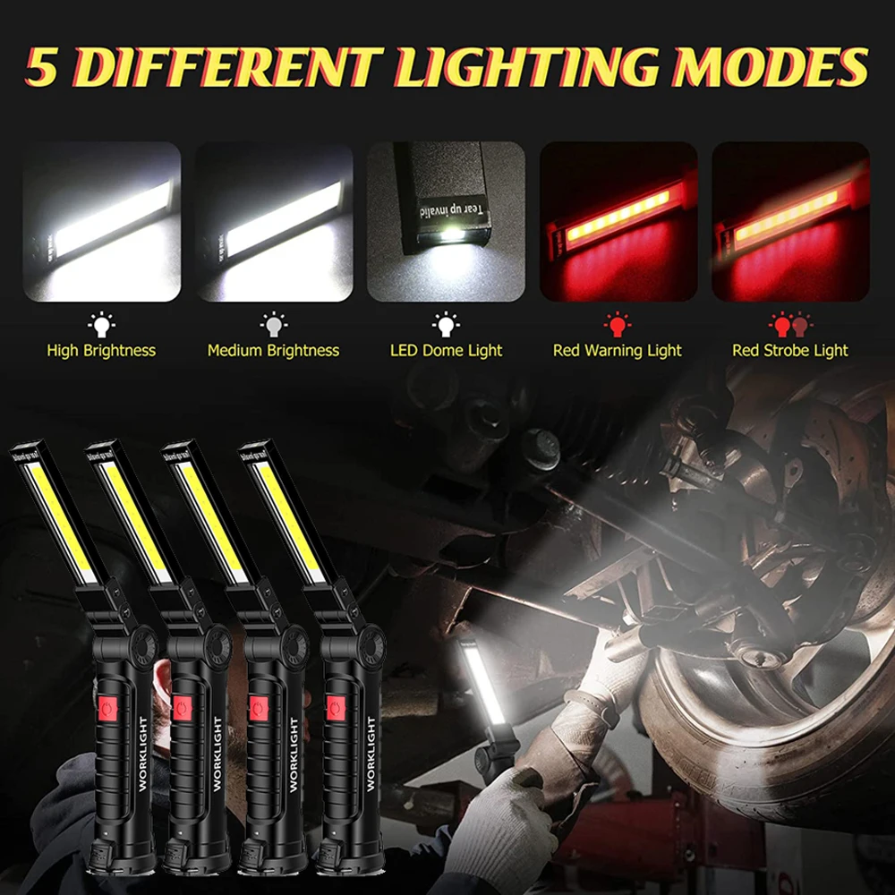 Multifunctional Powerful Portable COB auto repair work light LED red warning light Strong flashlight maintenance work light