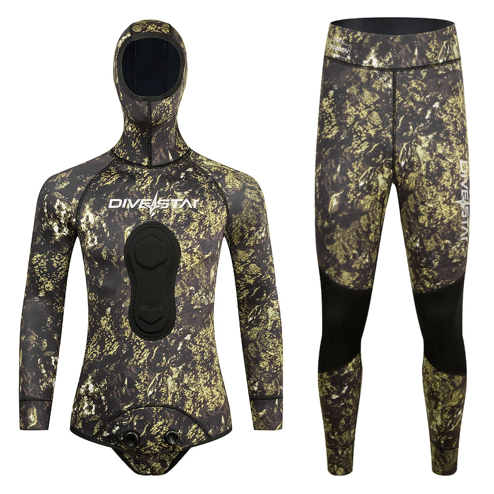 Wetsuit 1.5mm Camouflage Long Sleeve Hooded 2 Pieces Set Neoprene Submersible For Men Keep Warm Scuba Diving Suit Swimwear