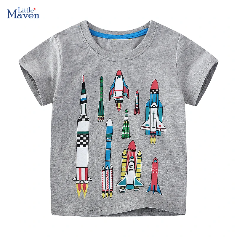 Little Maven Kinderkleidung, Kinderkleidung, 2025, Sommer-T-Shirts für Babys, Jungen, Cartoon-Rockets, Baumwolle, Tops, T-Shirts
