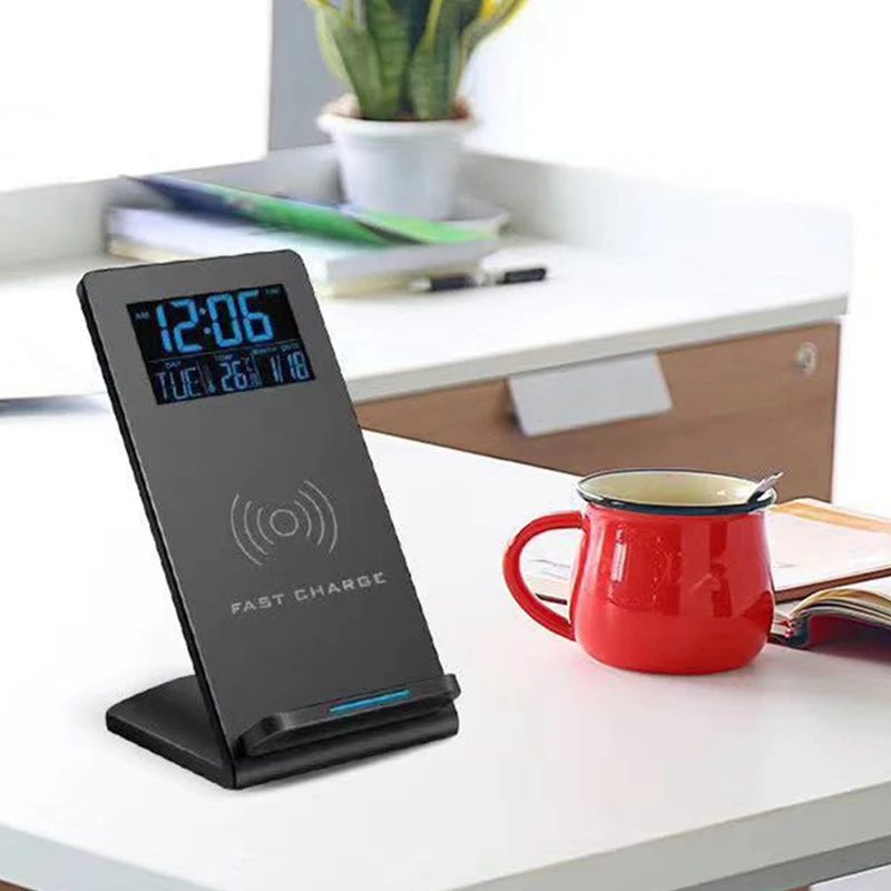 Desk Clock With Time/Temperature Display & Wireless Charging Pad Dock For IOS & Android,For Bedroom,Home & Office