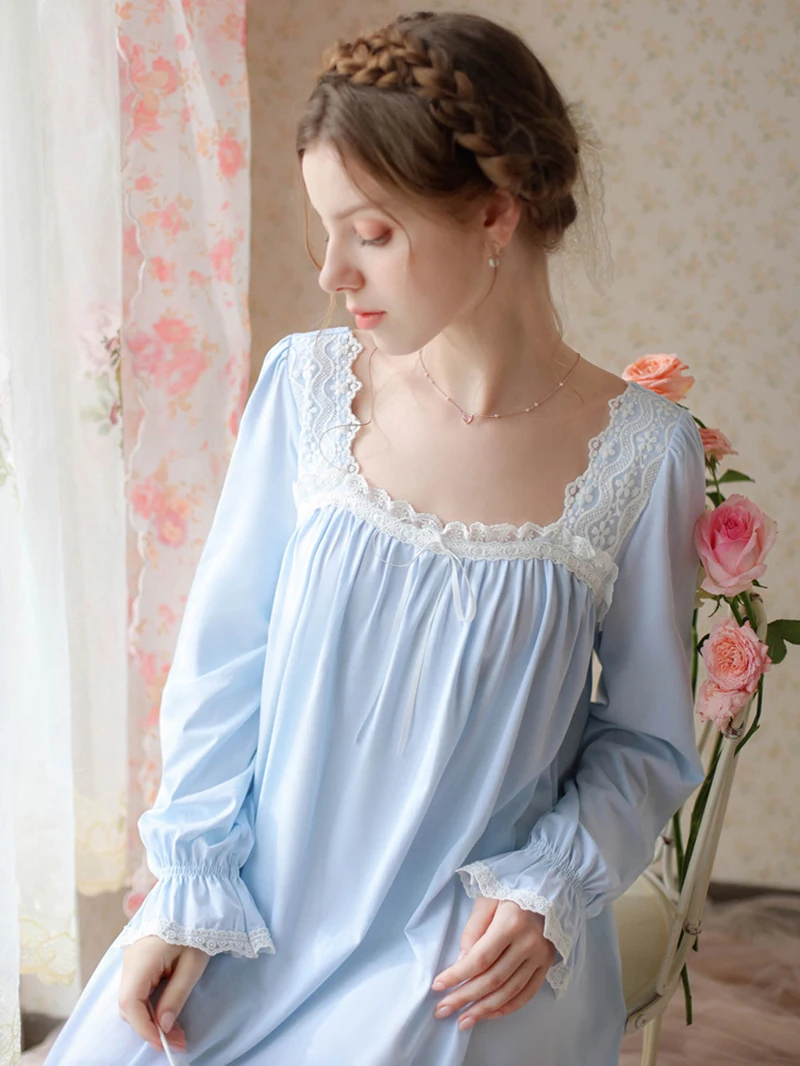 

Весенне-осенняя ночная рубашка принцессы викторианская Пижама с квадратным воротником с открытой спиной Фея кружевные женские винтажные ночные рубашки одежда для сна